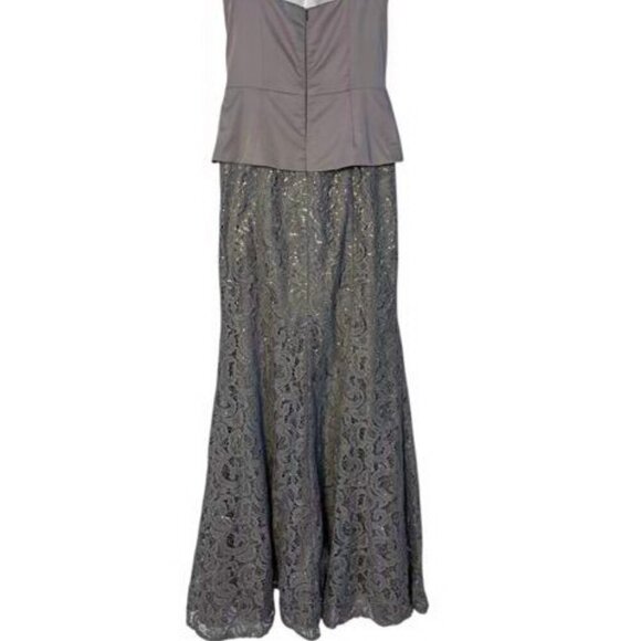 Decode 1.8 Silver Satin Beaded Ruched Top Lace Sequin Bottom Gown - Picture 4 of 5